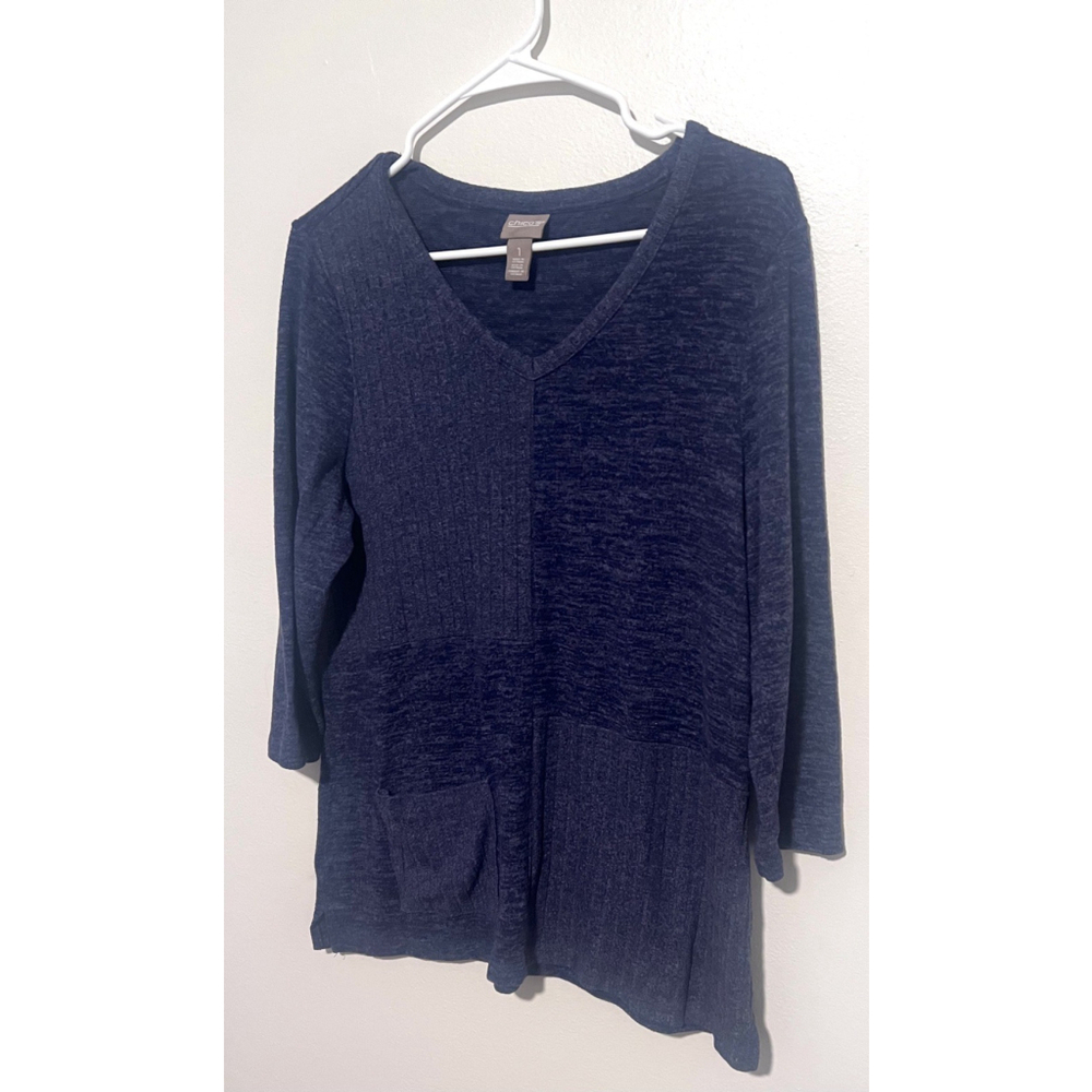 Chico’s Ella Tunic Sweater Women's Medium 1 Blue 3/4 Sleeve V-neck Paneled Top